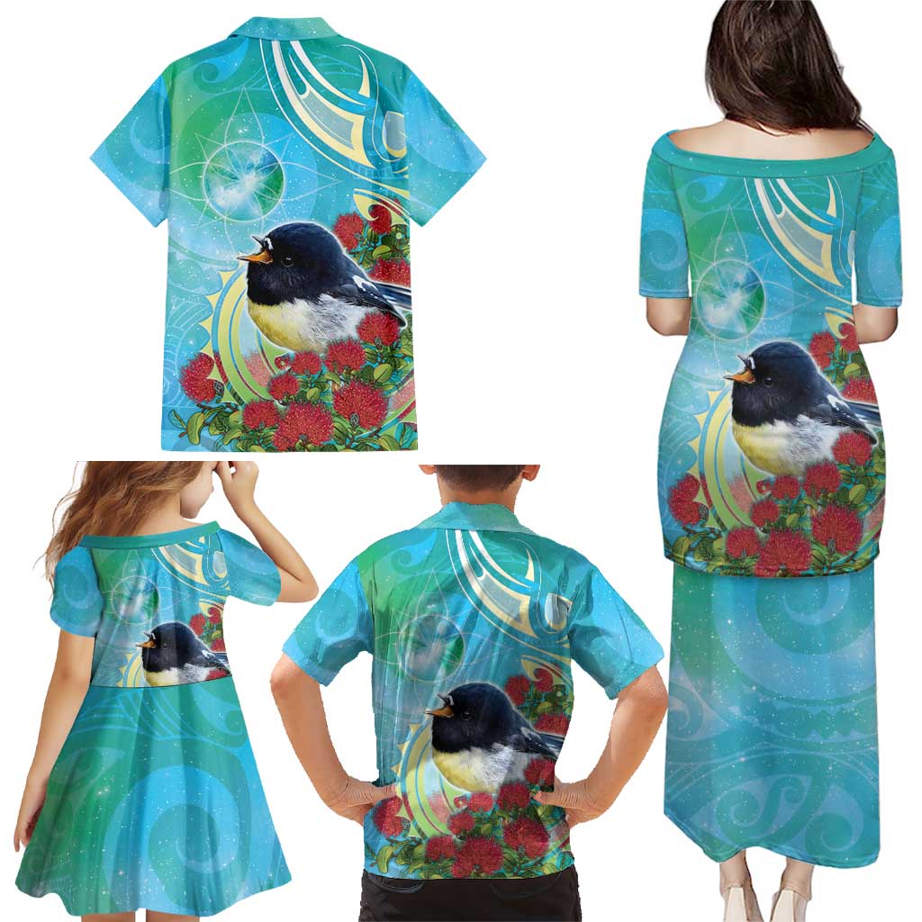 New Zealand Tomtit Family Matching Puletasi and Hawaiian Shirt Maori Koru With Pohutukawa Galaxy Style LT05 - Polynesian Pride