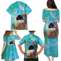 New Zealand Tomtit Family Matching Puletasi and Hawaiian Shirt Maori Koru With Pohutukawa Galaxy Style LT05 - Polynesian Pride