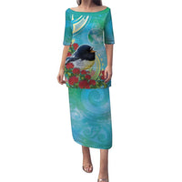 New Zealand Tomtit Family Matching Puletasi and Hawaiian Shirt Maori Koru With Pohutukawa Galaxy Style LT05 Mom's Dress Aqua - Polynesian Pride