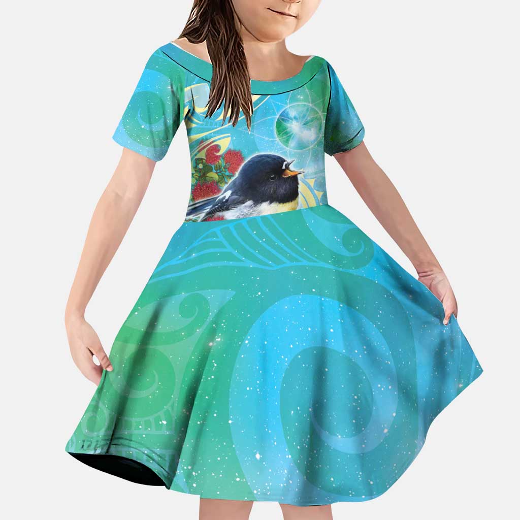 New Zealand Tomtit Family Matching Short Sleeve Bodycon Dress and Hawaiian Shirt Maori Koru With Pohutukawa Galaxy Style LT05 Daughter's Dress Aqua - Polynesian Pride