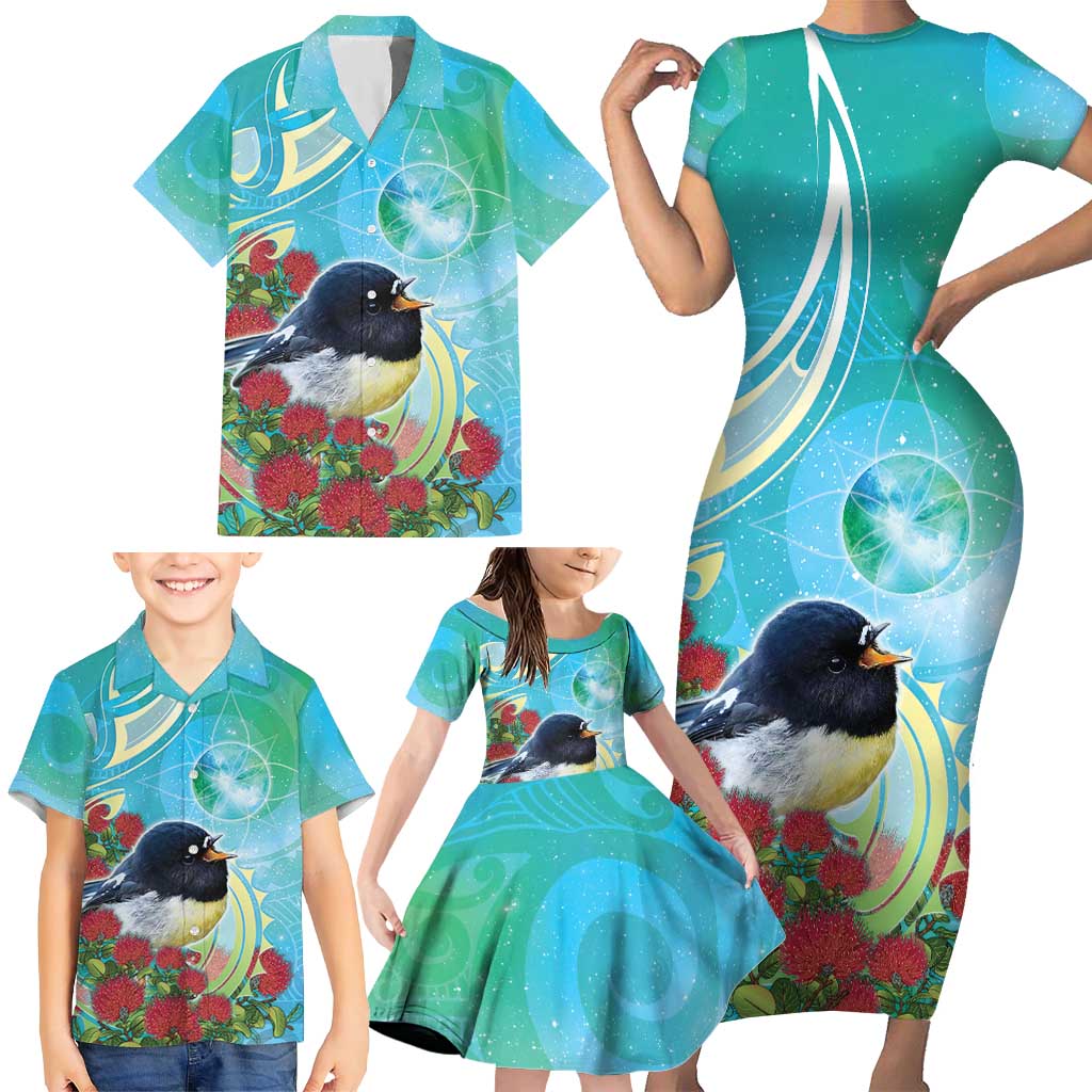 New Zealand Tomtit Family Matching Short Sleeve Bodycon Dress and Hawaiian Shirt Maori Koru With Pohutukawa Galaxy Style LT05 - Polynesian Pride