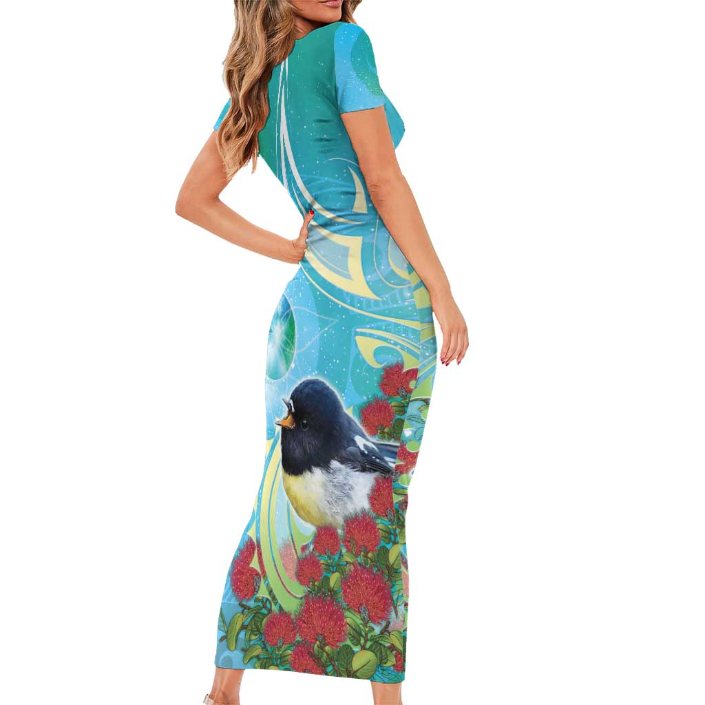 New Zealand Tomtit Family Matching Short Sleeve Bodycon Dress and Hawaiian Shirt Maori Koru With Pohutukawa Galaxy Style LT05 - Polynesian Pride