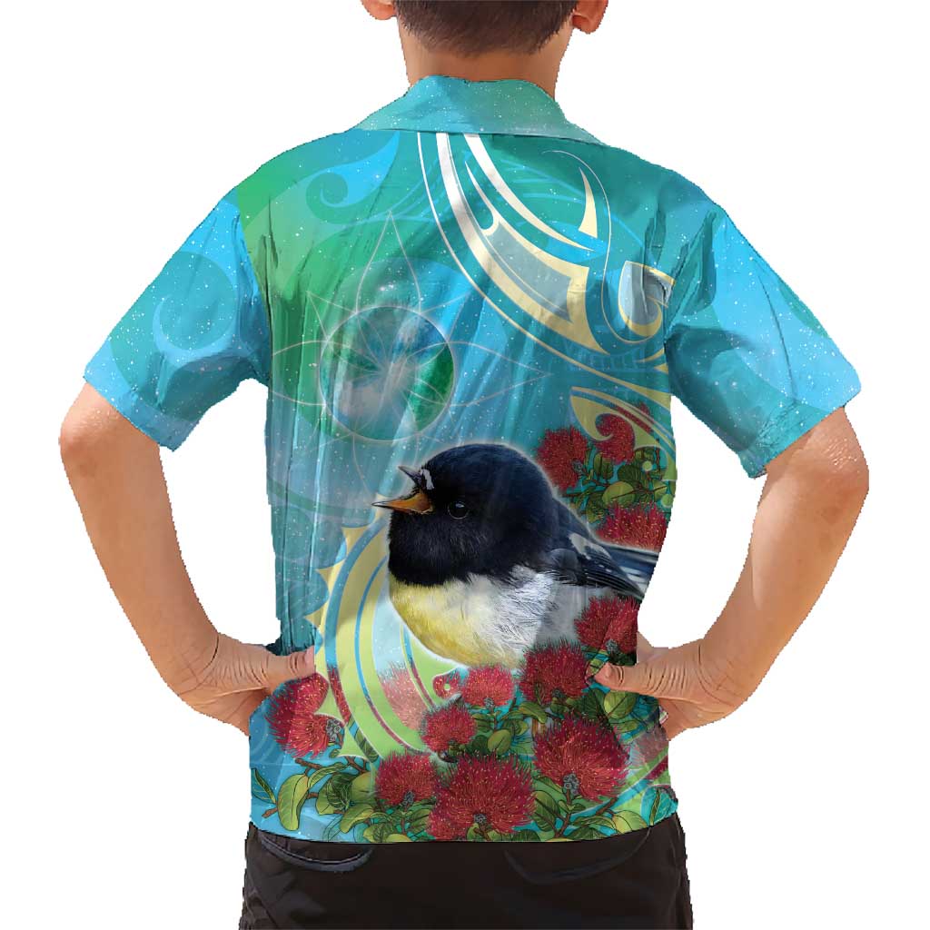 New Zealand Tomtit Family Matching Summer Maxi Dress and Hawaiian Shirt Maori Koru With Pohutukawa Galaxy Style LT05 - Polynesian Pride