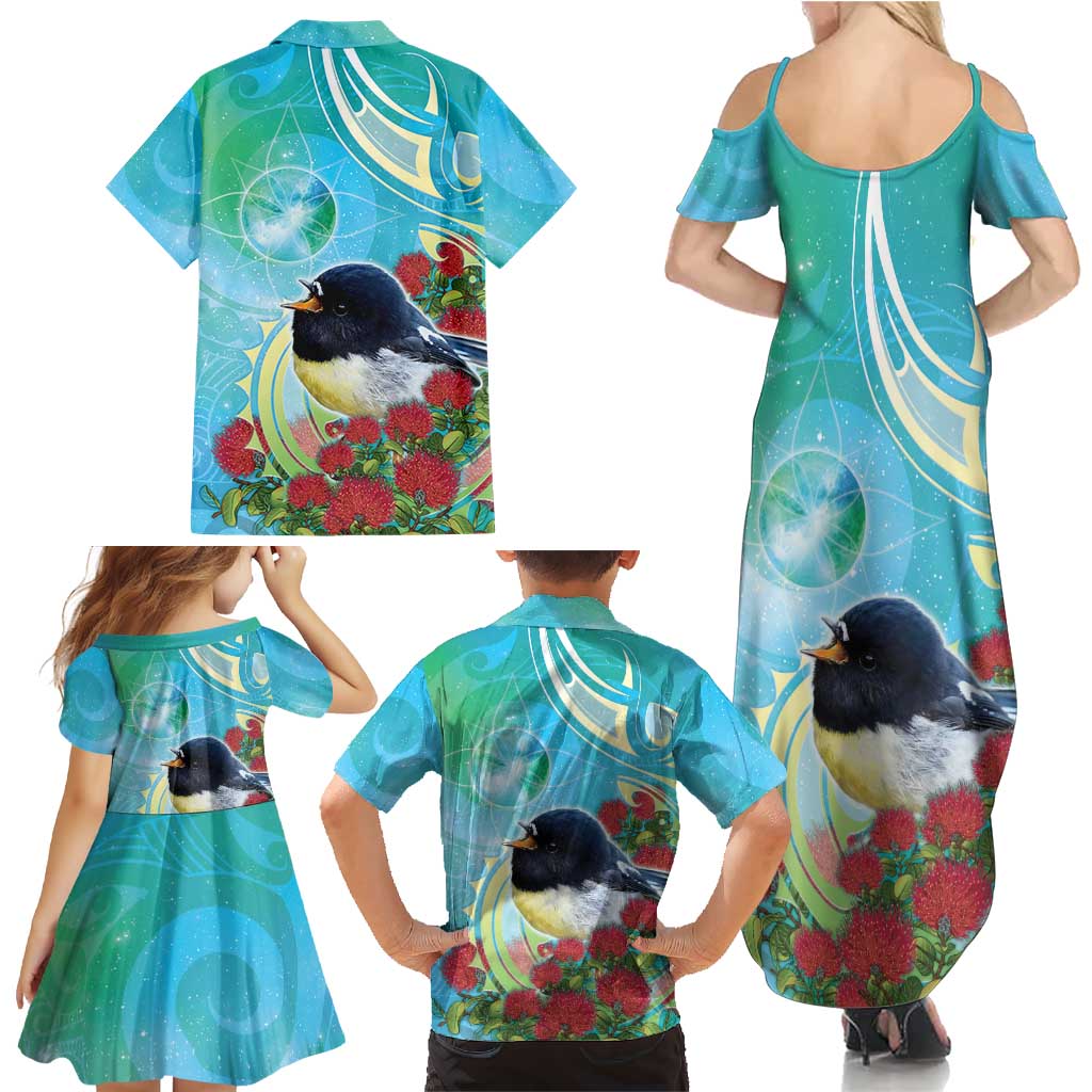 New Zealand Tomtit Family Matching Summer Maxi Dress and Hawaiian Shirt Maori Koru With Pohutukawa Galaxy Style LT05 - Polynesian Pride