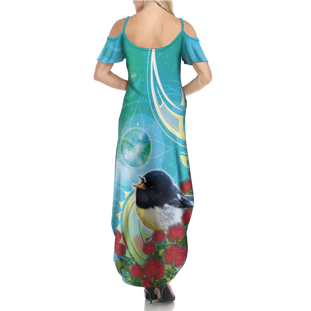 New Zealand Tomtit Family Matching Summer Maxi Dress and Hawaiian Shirt Maori Koru With Pohutukawa Galaxy Style LT05 - Polynesian Pride