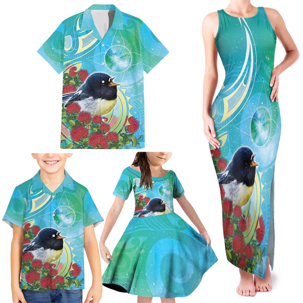 New Zealand Tomtit Family Matching Tank Maxi Dress and Hawaiian Shirt Maori Koru With Pohutukawa Galaxy Style LT05 - Polynesian Pride