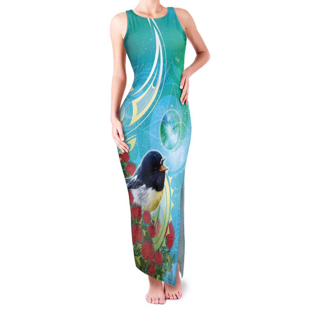 New Zealand Tomtit Family Matching Tank Maxi Dress and Hawaiian Shirt Maori Koru With Pohutukawa Galaxy Style LT05 Mom's Dress Aqua - Polynesian Pride