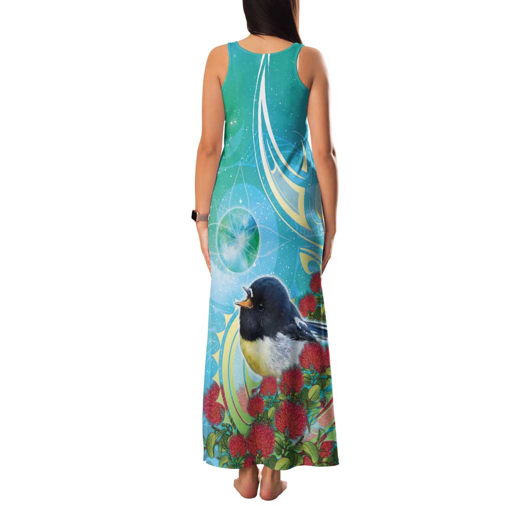 New Zealand Tomtit Family Matching Tank Maxi Dress and Hawaiian Shirt Maori Koru With Pohutukawa Galaxy Style LT05 - Polynesian Pride