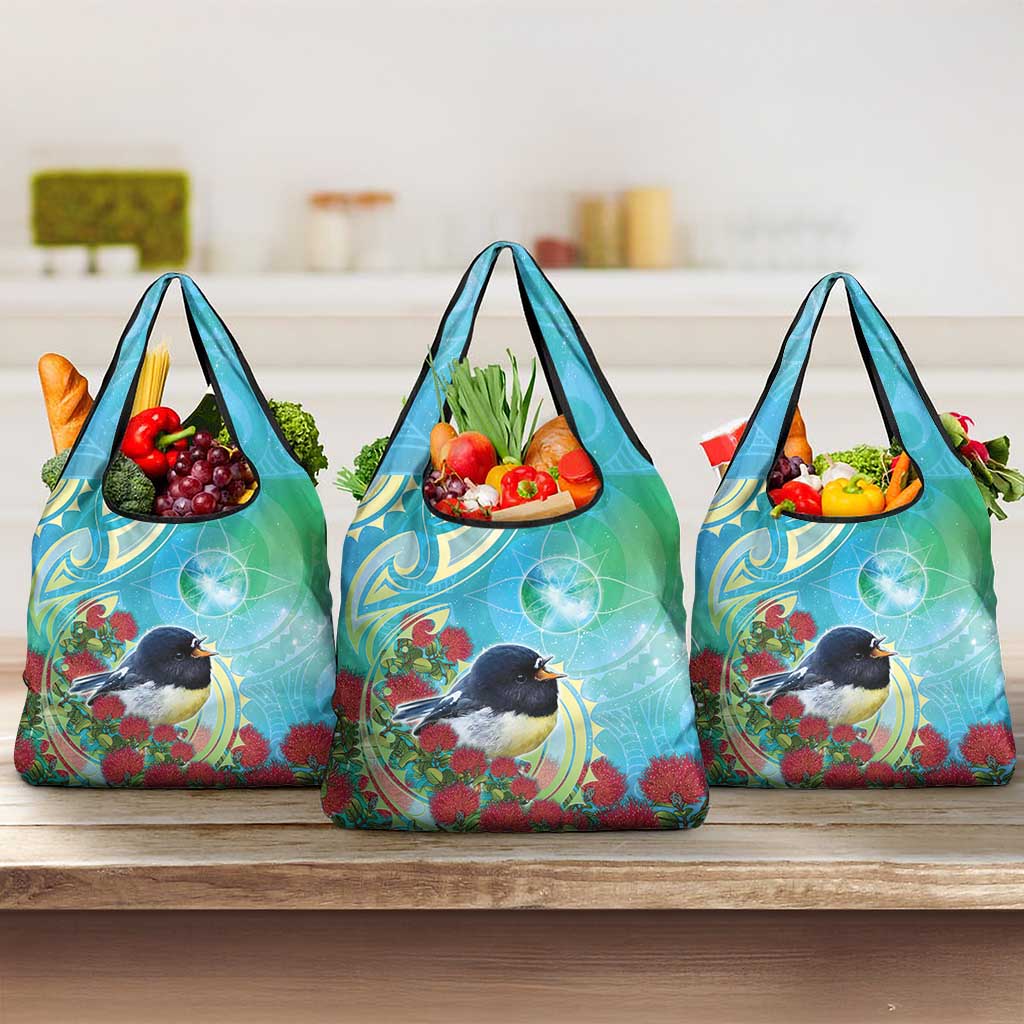 New Zealand Tomtit Grocery Bag Maori Koru With Pohutukawa Galaxy Style - Polynesian Pride