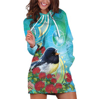 New Zealand Tomtit Hoodie Dress Maori Koru With Pohutukawa Galaxy Style LT05 Aqua - Polynesian Pride
