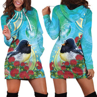 New Zealand Tomtit Hoodie Dress Maori Koru With Pohutukawa Galaxy Style LT05 - Polynesian Pride