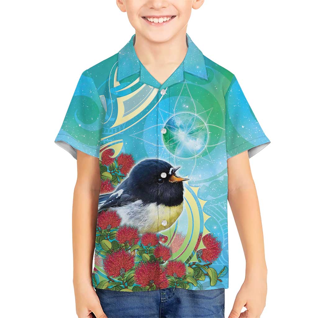 New Zealand Tomtit Kid Hawaiian Shirt Maori Koru With Pohutukawa Galaxy Style - Polynesian Pride