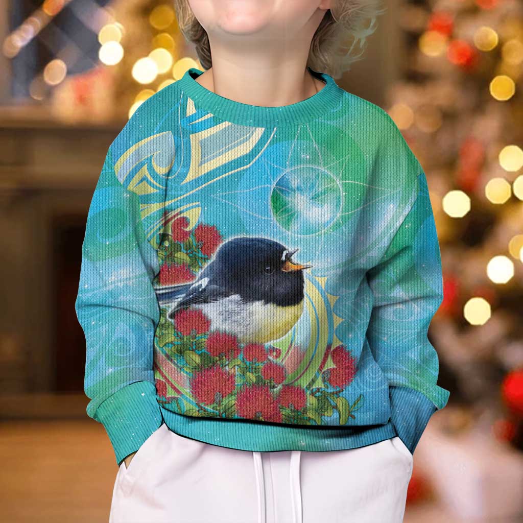 New Zealand Tomtit Kid Ugly Christmas Sweater Maori Koru With Pohutukawa Galaxy Style LT05 - Polynesian Pride
