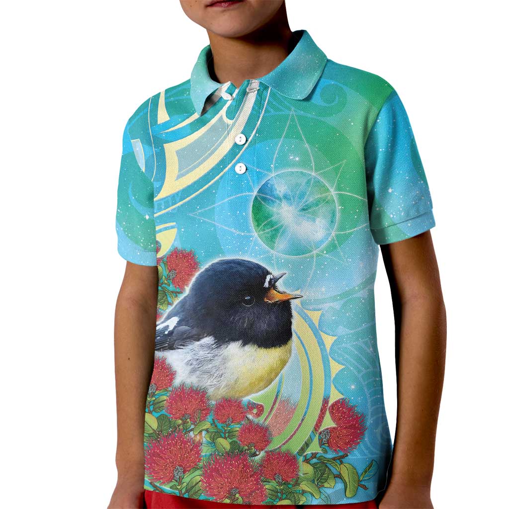New Zealand Tomtit Kid Polo Shirt Maori Koru With Pohutukawa Galaxy Style LT05 Kid Aqua - Polynesian Pride