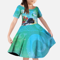 New Zealand Tomtit Kid Short Sleeve Dress Maori Koru With Pohutukawa Galaxy Style LT05 KID Aqua - Polynesian Pride