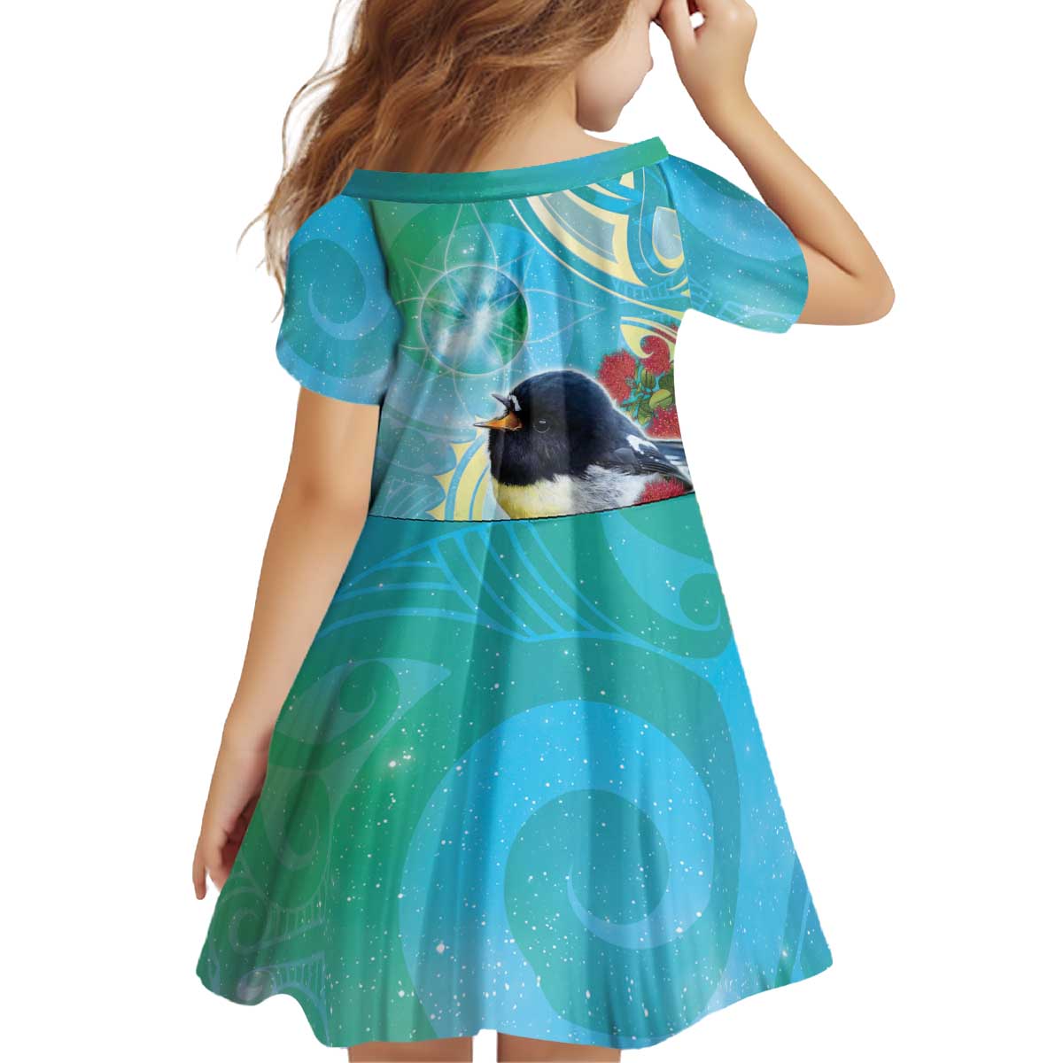 New Zealand Tomtit Kid Short Sleeve Dress Maori Koru With Pohutukawa Galaxy Style LT05 - Polynesian Pride