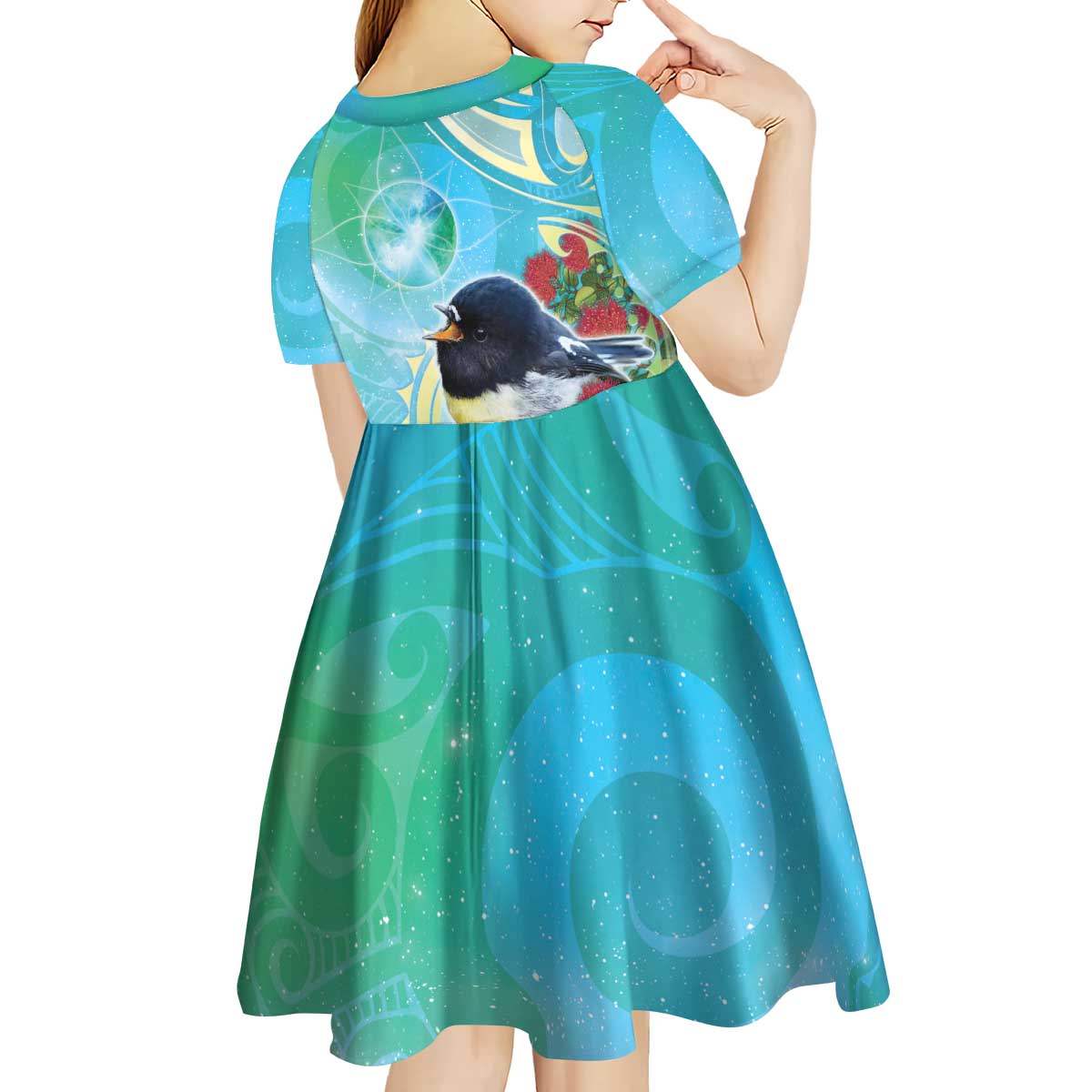 New Zealand Tomtit Kid Short Sleeve Dress Maori Koru With Pohutukawa Galaxy Style LT05 - Polynesian Pride