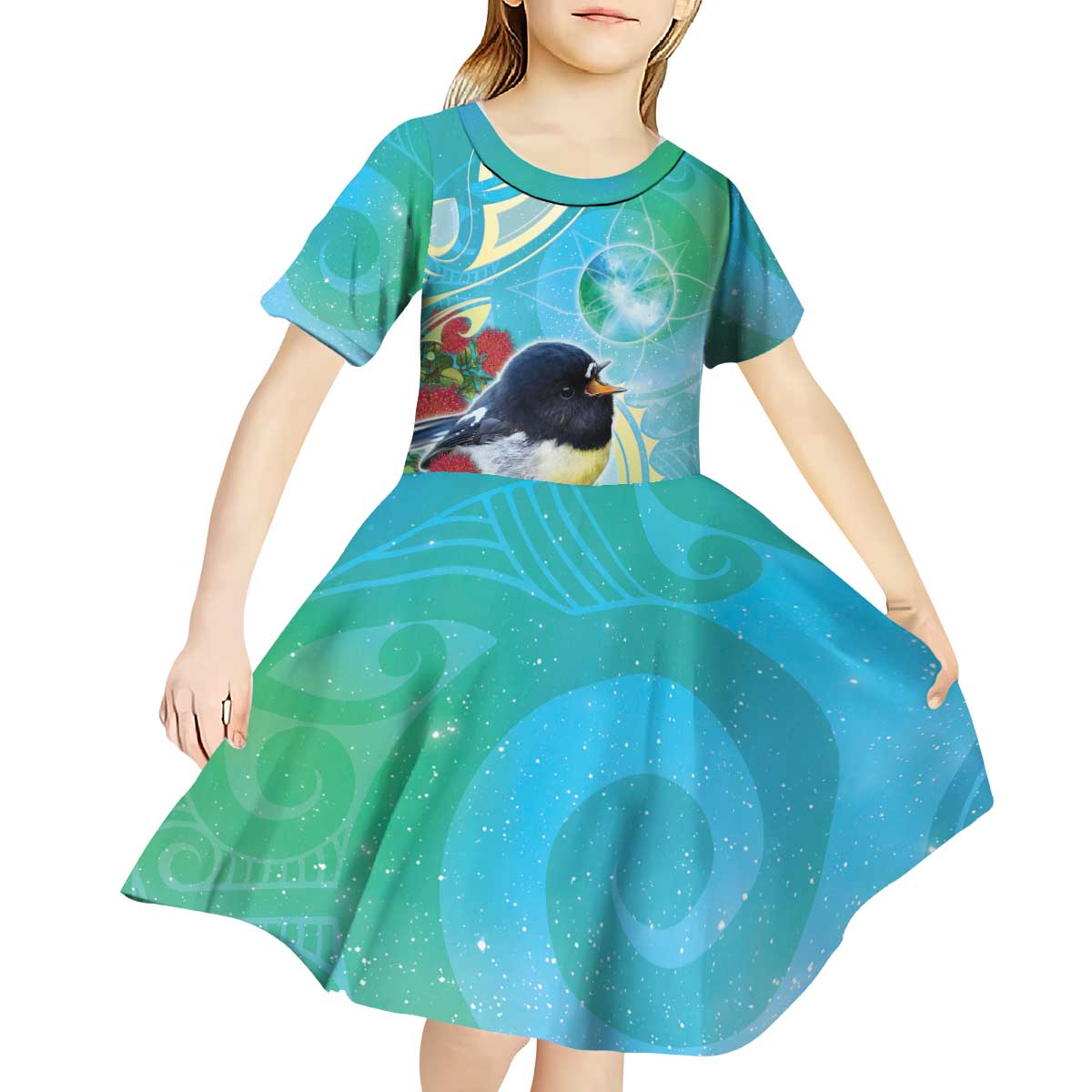 New Zealand Tomtit Kid Short Sleeve Dress Maori Koru With Pohutukawa Galaxy Style LT05 - Polynesian Pride