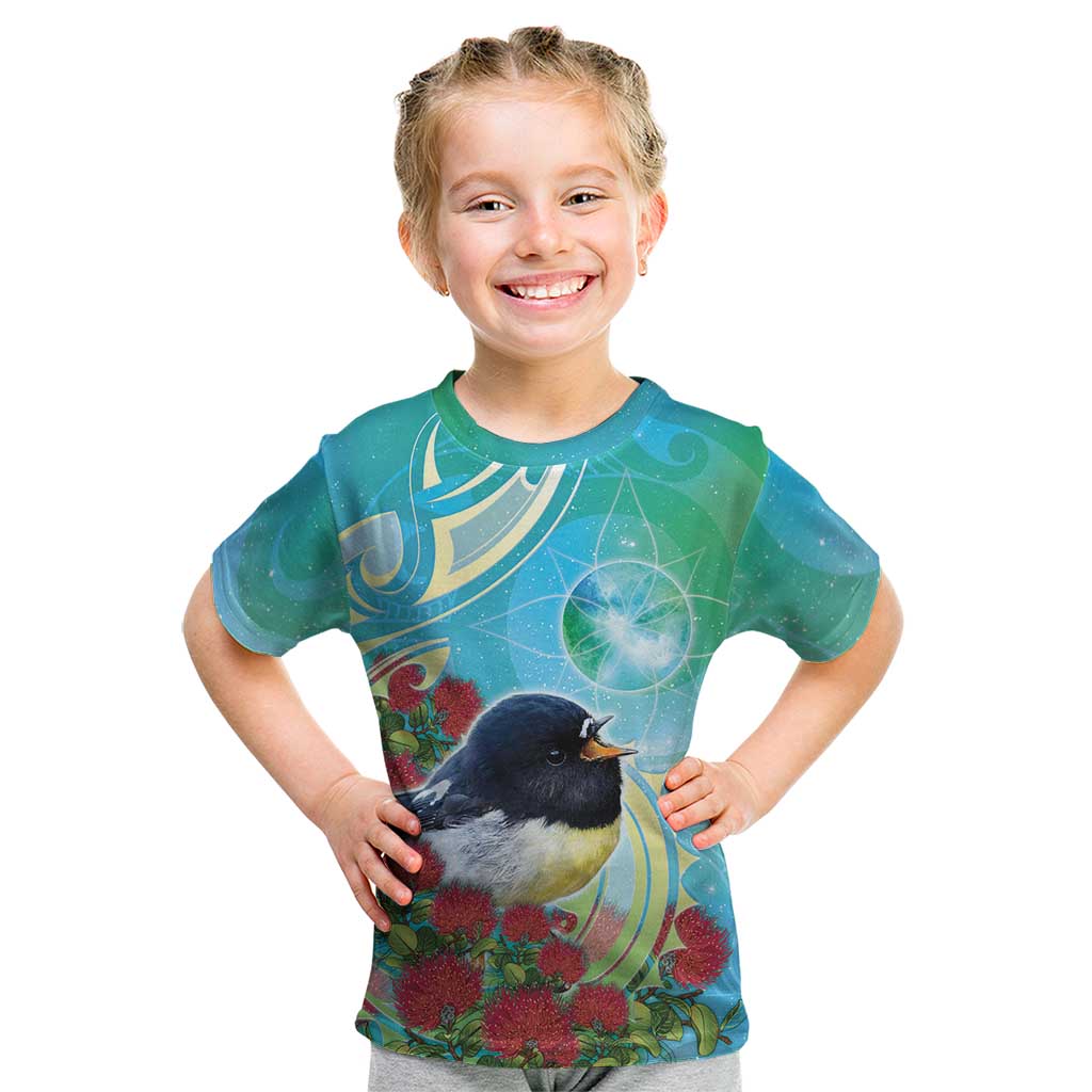 New Zealand Tomtit Kid T Shirt Maori Koru With Pohutukawa Galaxy Style - Polynesian Pride