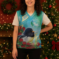 New Zealand Tomtit Christmas Knitted V-Neck Vest Maori Koru With Pohutukawa Galaxy Style LT05 - Polynesian Pride