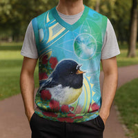 New Zealand Tomtit Christmas Knitted V-Neck Vest Maori Koru With Pohutukawa Galaxy Style LT05 - Polynesian Pride