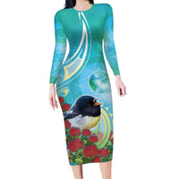 New Zealand Tomtit Long Sleeve Bodycon Dress Maori Koru With Pohutukawa Galaxy Style LT05 Long Dress Aqua - Polynesian Pride