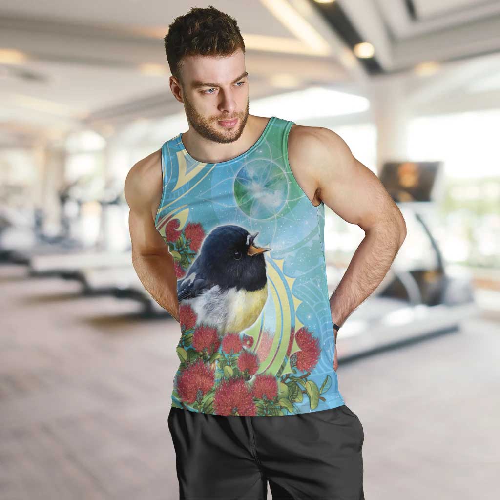 New Zealand Tomtit Men Tank Top Maori Koru With Pohutukawa Galaxy Style - Polynesian Pride