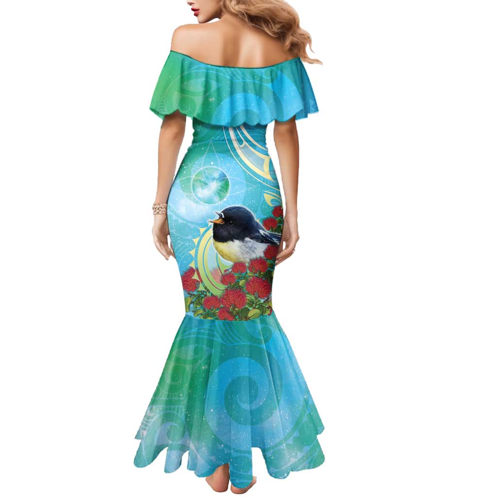 New Zealand Tomtit Mermaid Dress Maori Koru With Pohutukawa Galaxy Style LT05 - Polynesian Pride