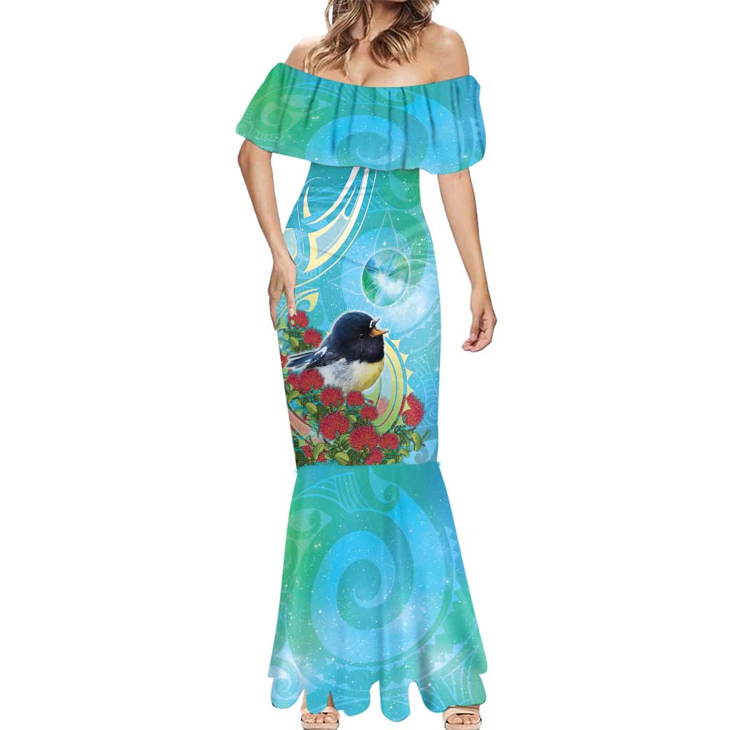 New Zealand Tomtit Mermaid Dress Maori Koru With Pohutukawa Galaxy Style LT05 - Polynesian Pride