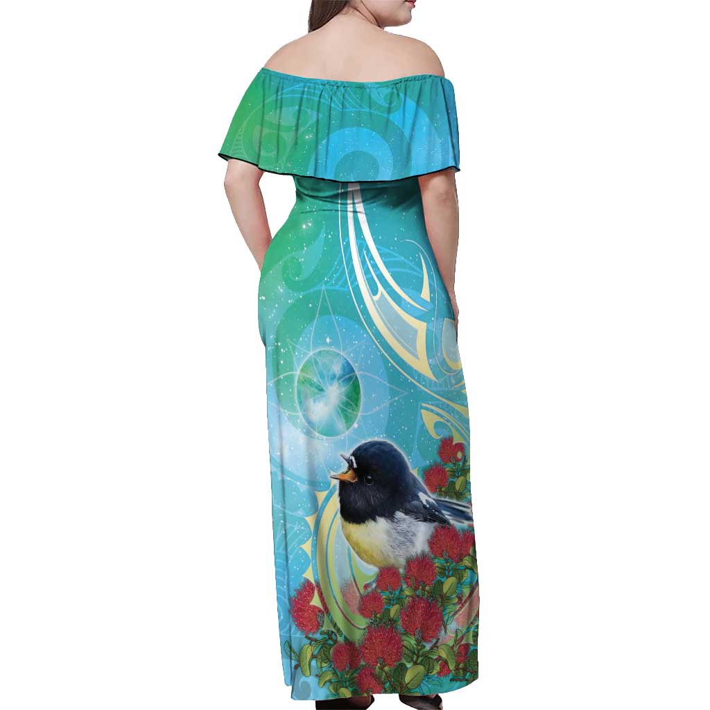 New Zealand Tomtit Off Shoulder Maxi Dress Maori Koru With Pohutukawa Galaxy Style LT05 - Polynesian Pride