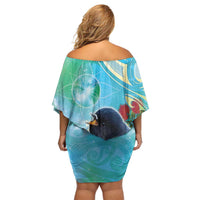 New Zealand Tomtit Off Shoulder Short Dress Maori Koru With Pohutukawa Galaxy Style LT05 - Polynesian Pride