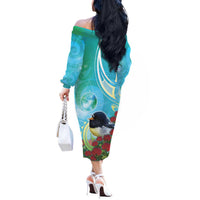 New Zealand Tomtit Off The Shoulder Long Sleeve Dress Maori Koru With Pohutukawa Galaxy Style LT05 - Polynesian Pride
