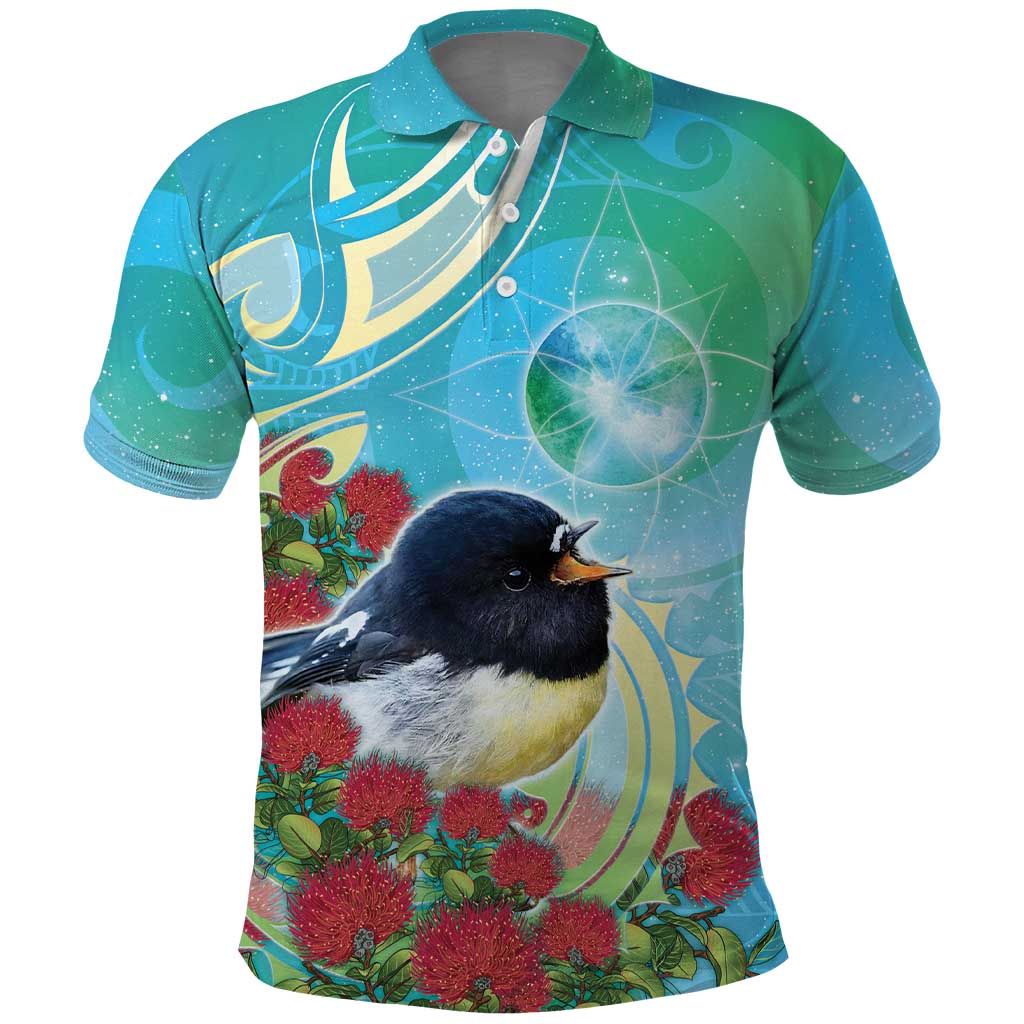 New Zealand Tomtit Polo Shirt Maori Koru With Pohutukawa Galaxy Style - Polynesian Pride