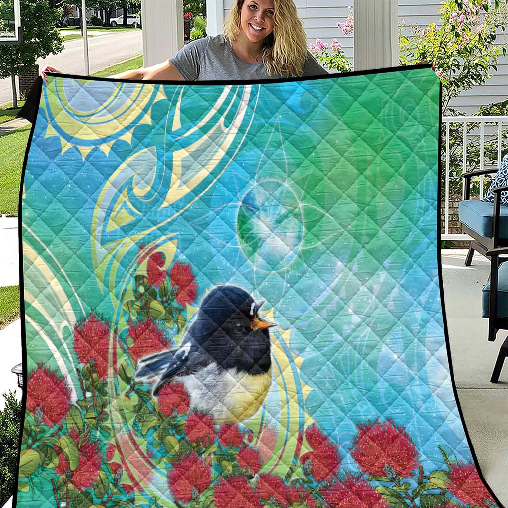 New Zealand Tomtit Quilt Maori Koru With Pohutukawa Galaxy Style LT05 Aqua - Polynesian Pride