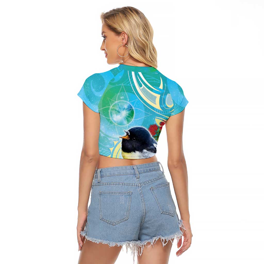 New Zealand Tomtit Raglan Cropped T Shirt Maori Koru With Pohutukawa Galaxy Style LT05 - Polynesian Pride