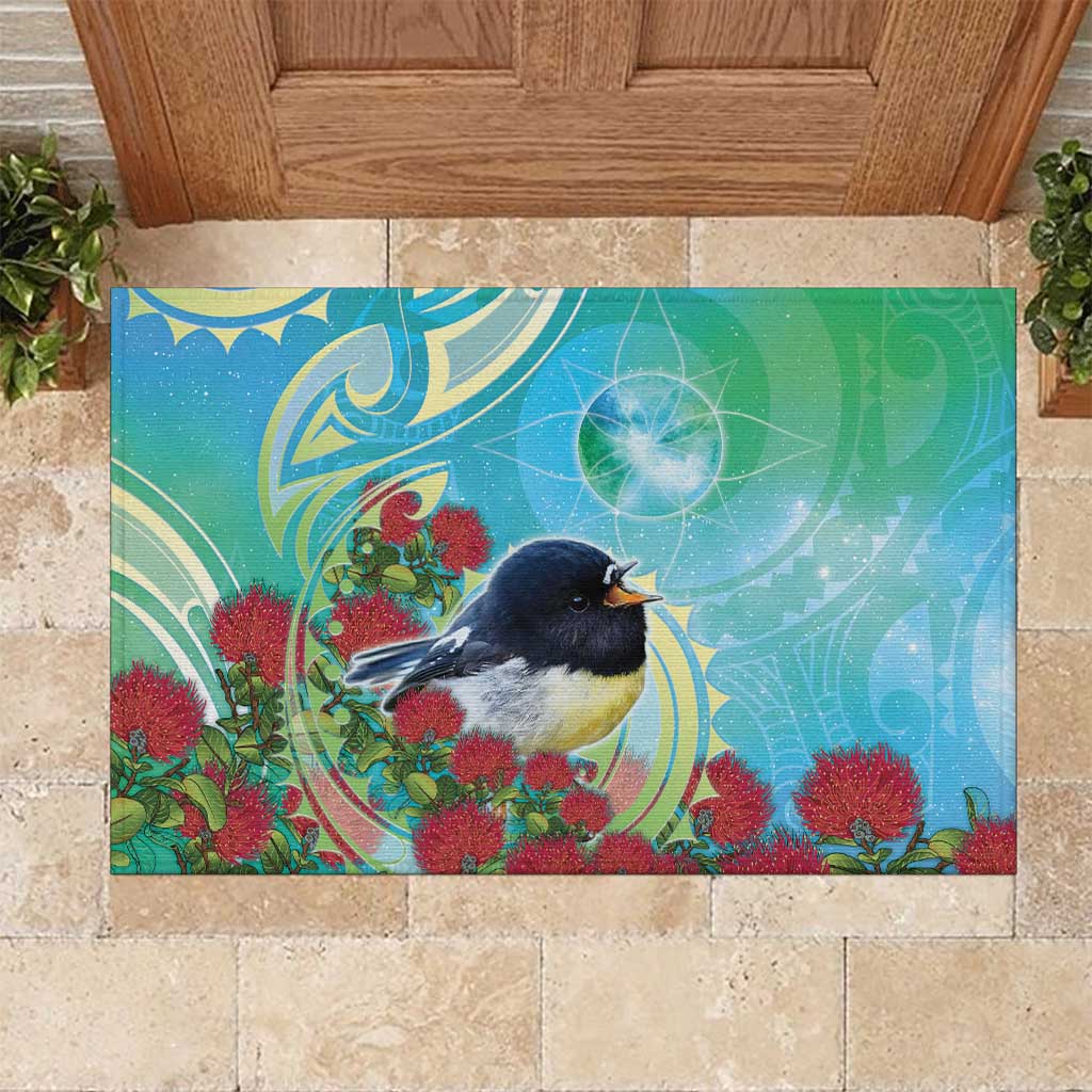 New Zealand Tomtit Rubber Doormat Maori Koru With Pohutukawa Galaxy Style LT05 Aqua - Polynesian Pride