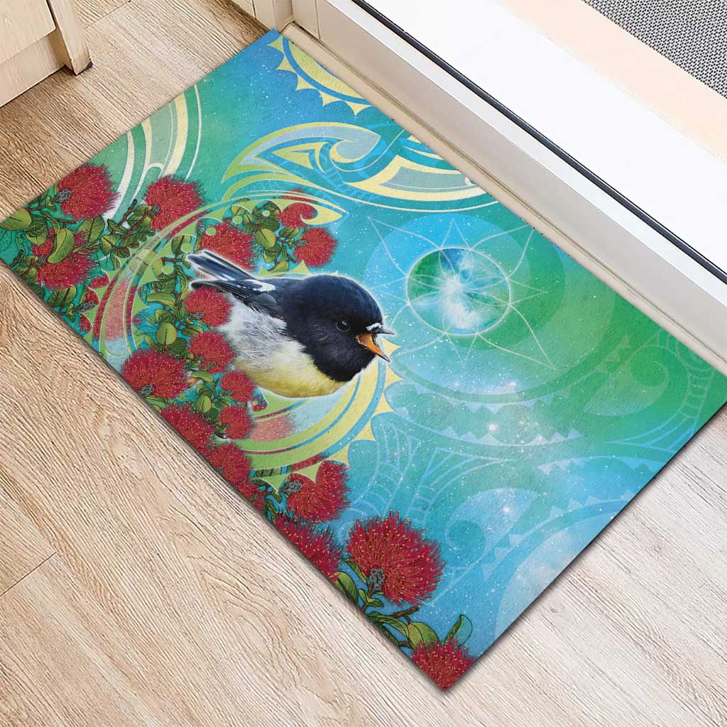 New Zealand Tomtit Rubber Doormat Maori Koru With Pohutukawa Galaxy Style LT05 - Polynesian Pride