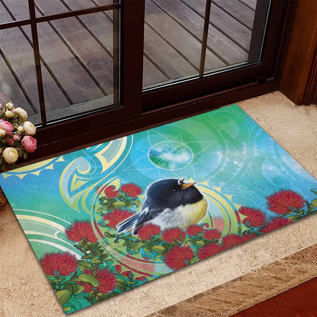 New Zealand Tomtit Rubber Doormat Maori Koru With Pohutukawa Galaxy Style LT05 - Polynesian Pride