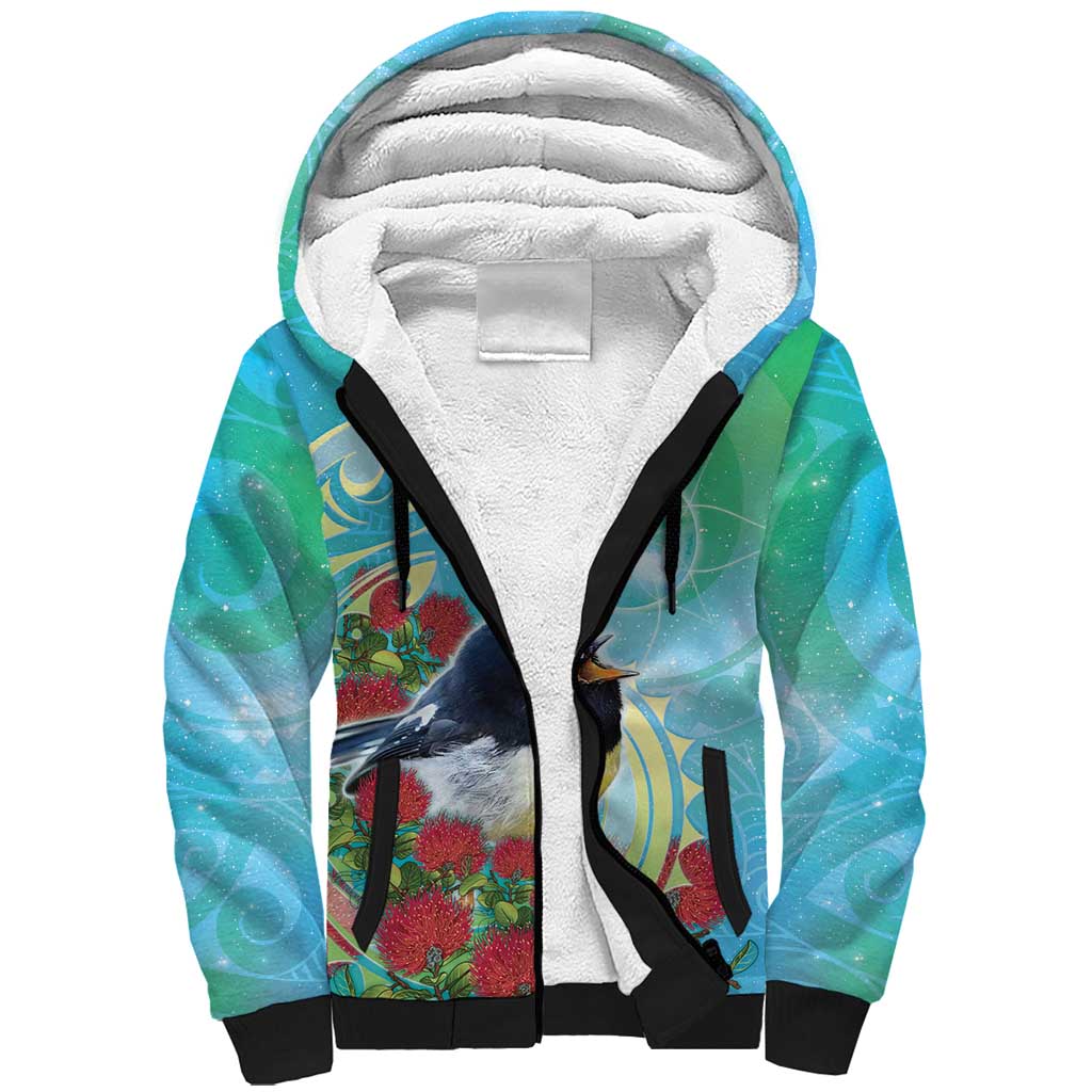 New Zealand Tomtit Sherpa Hoodie Maori Koru With Pohutukawa Galaxy Style LT05 Unisex Aqua - Polynesian Pride