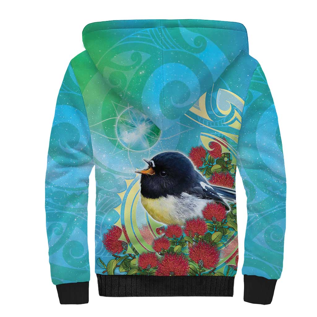New Zealand Tomtit Sherpa Hoodie Maori Koru With Pohutukawa Galaxy Style LT05 - Polynesian Pride