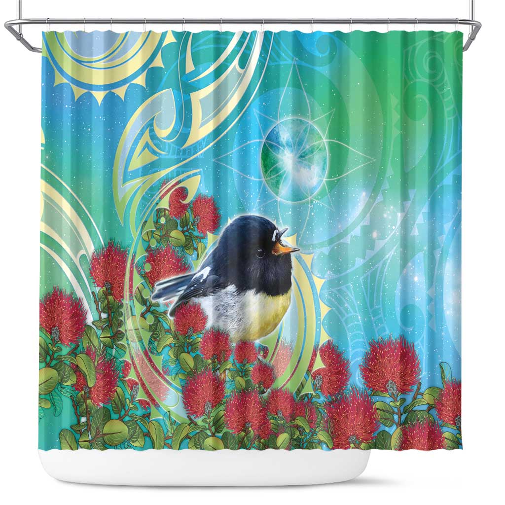 New Zealand Tomtit Shower Curtain Maori Koru With Pohutukawa Galaxy Style - Polynesian Pride