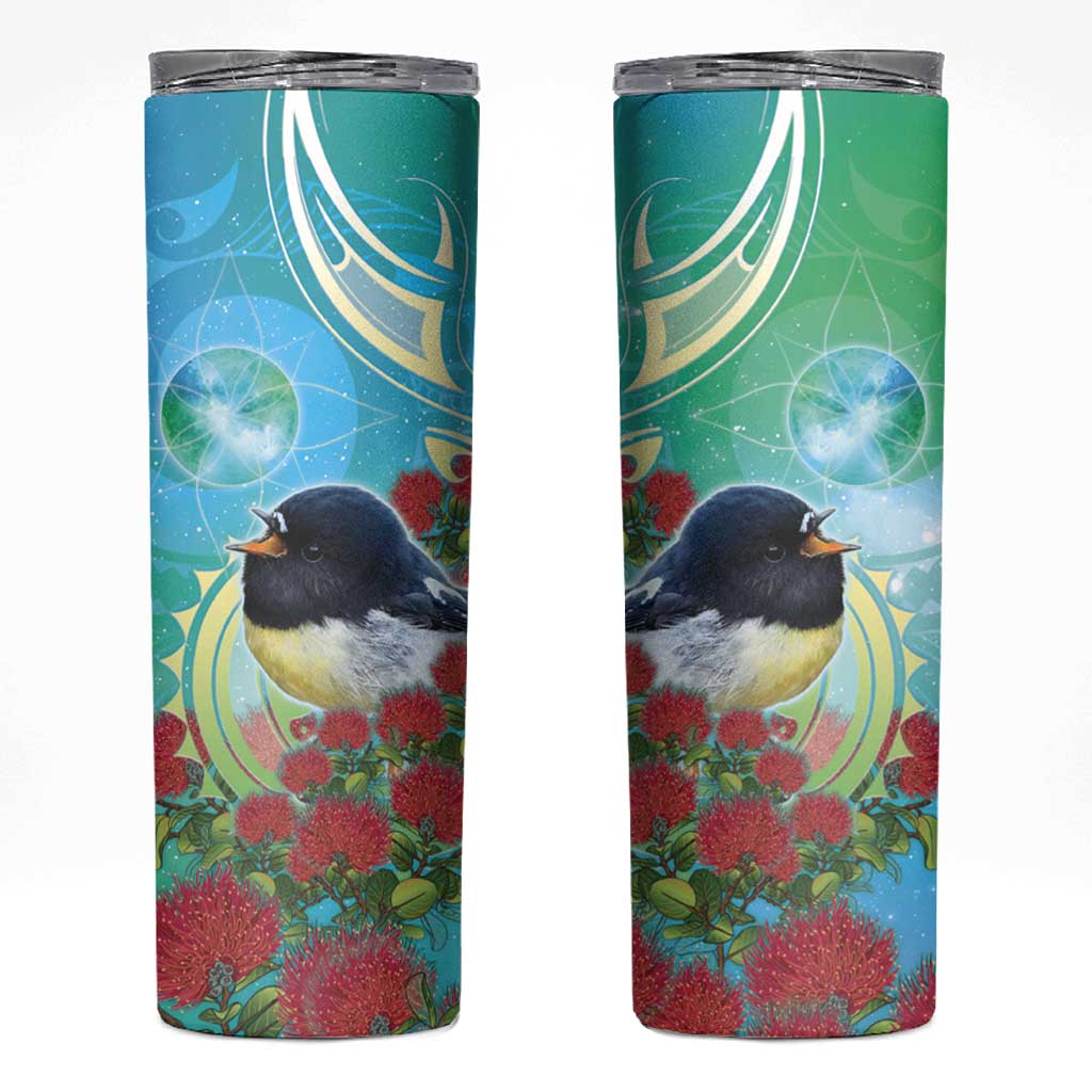 New Zealand Tomtit Skinny Tumbler Maori Koru With Pohutukawa Galaxy Style LT05 Aqua - Polynesian Pride