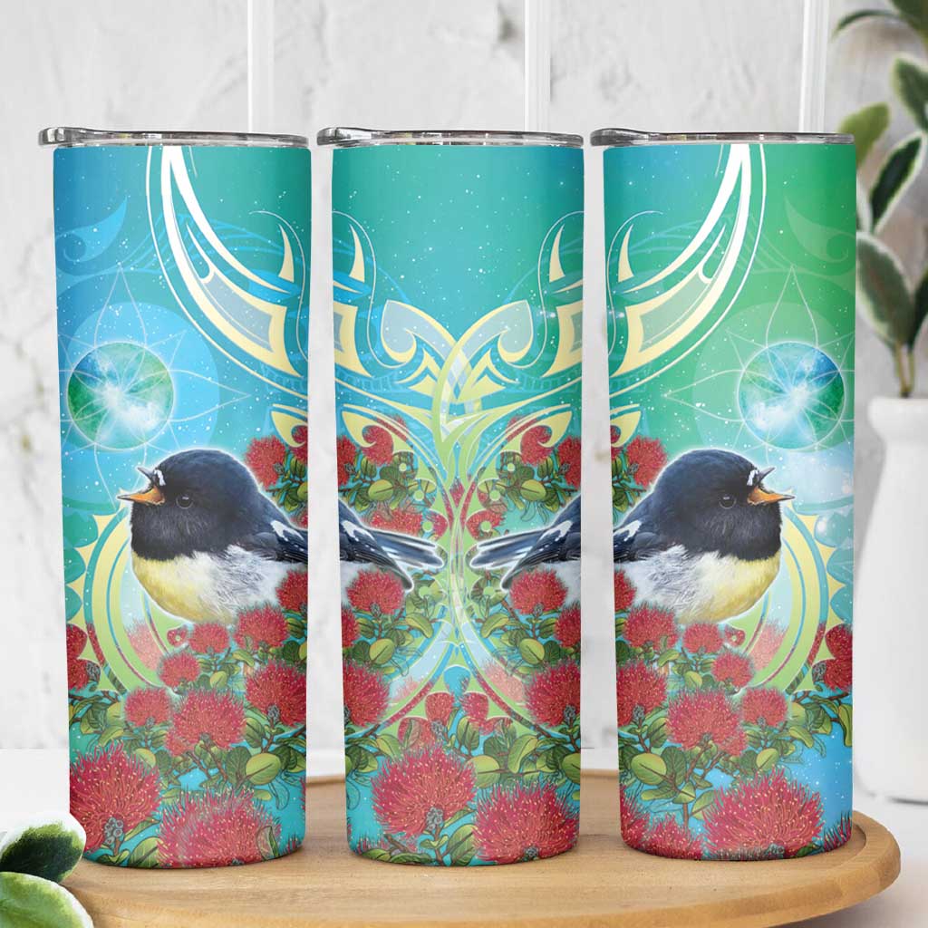 New Zealand Tomtit Skinny Tumbler Maori Koru With Pohutukawa Galaxy Style LT05 - Polynesian Pride