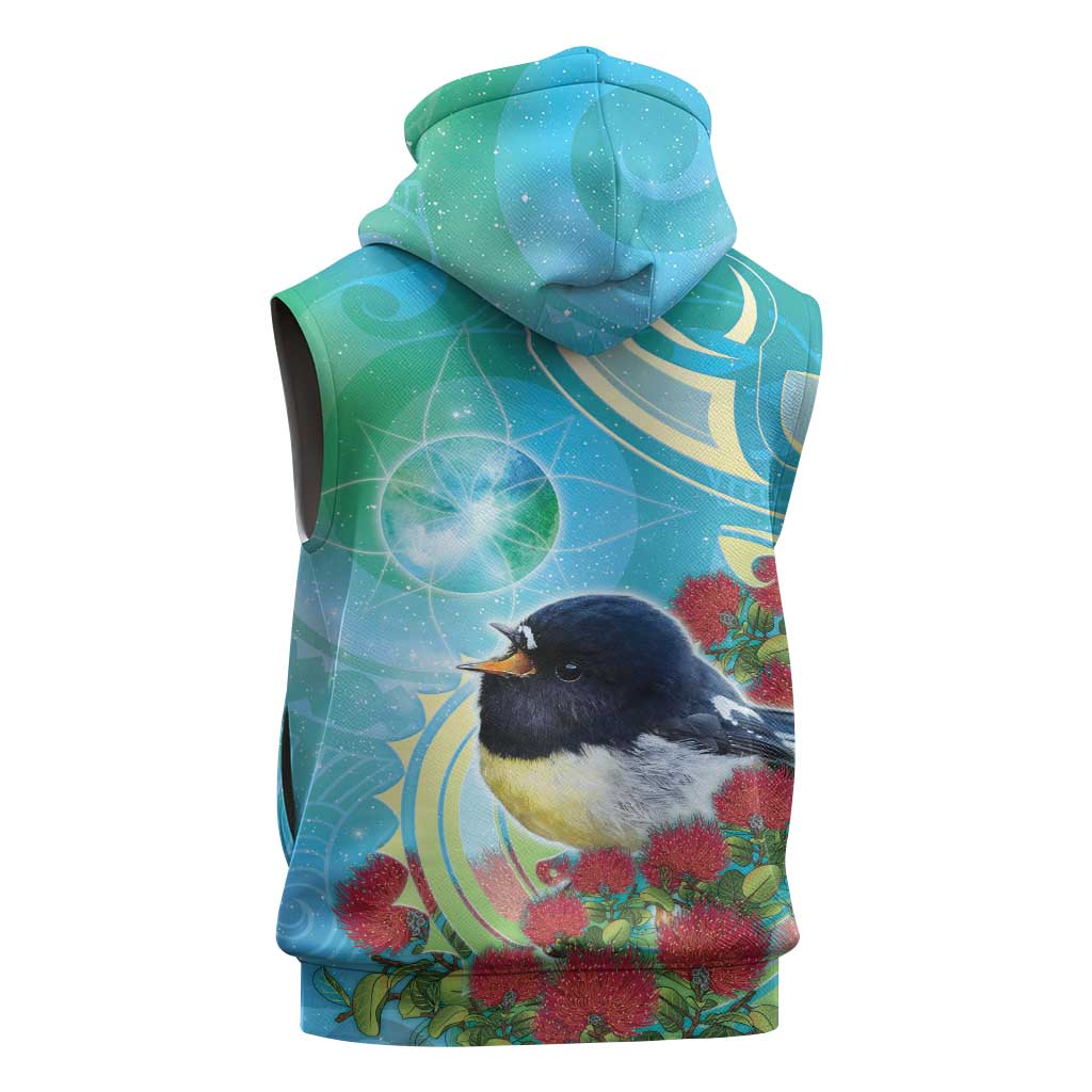 New Zealand Tomtit Sleeveless Hoodie Maori Koru With Pohutukawa Galaxy Style LT05 - Polynesian Pride