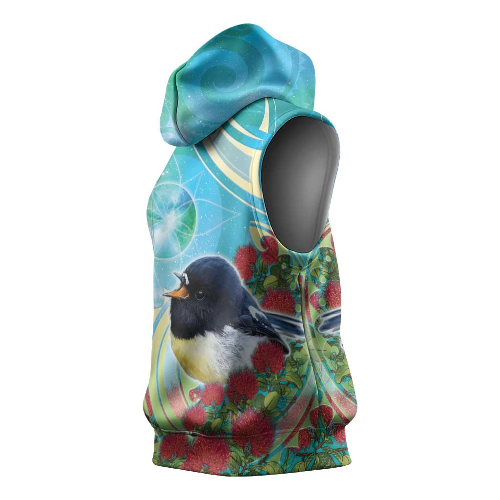 New Zealand Tomtit Sleeveless Hoodie Maori Koru With Pohutukawa Galaxy Style LT05 - Polynesian Pride