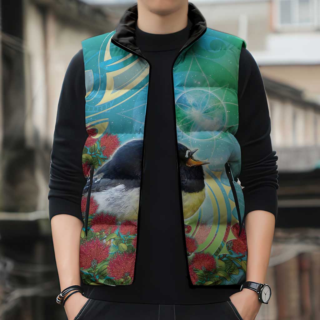 New Zealand Tomtit Sleeveless Puffer Jacket Maori Koru With Pohutukawa Galaxy Style - Polynesian Pride