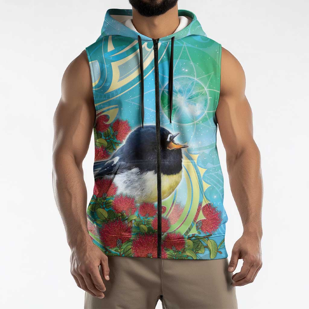 New Zealand Tomtit Sleeveless Zip Hoodie Maori Koru With Pohutukawa Galaxy Style LT05 - Polynesian Pride