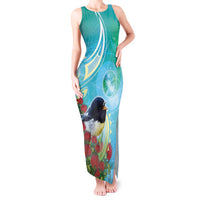 New Zealand Tomtit Tank Maxi Dress Maori Koru With Pohutukawa Galaxy Style LT05 Women Aqua - Polynesian Pride