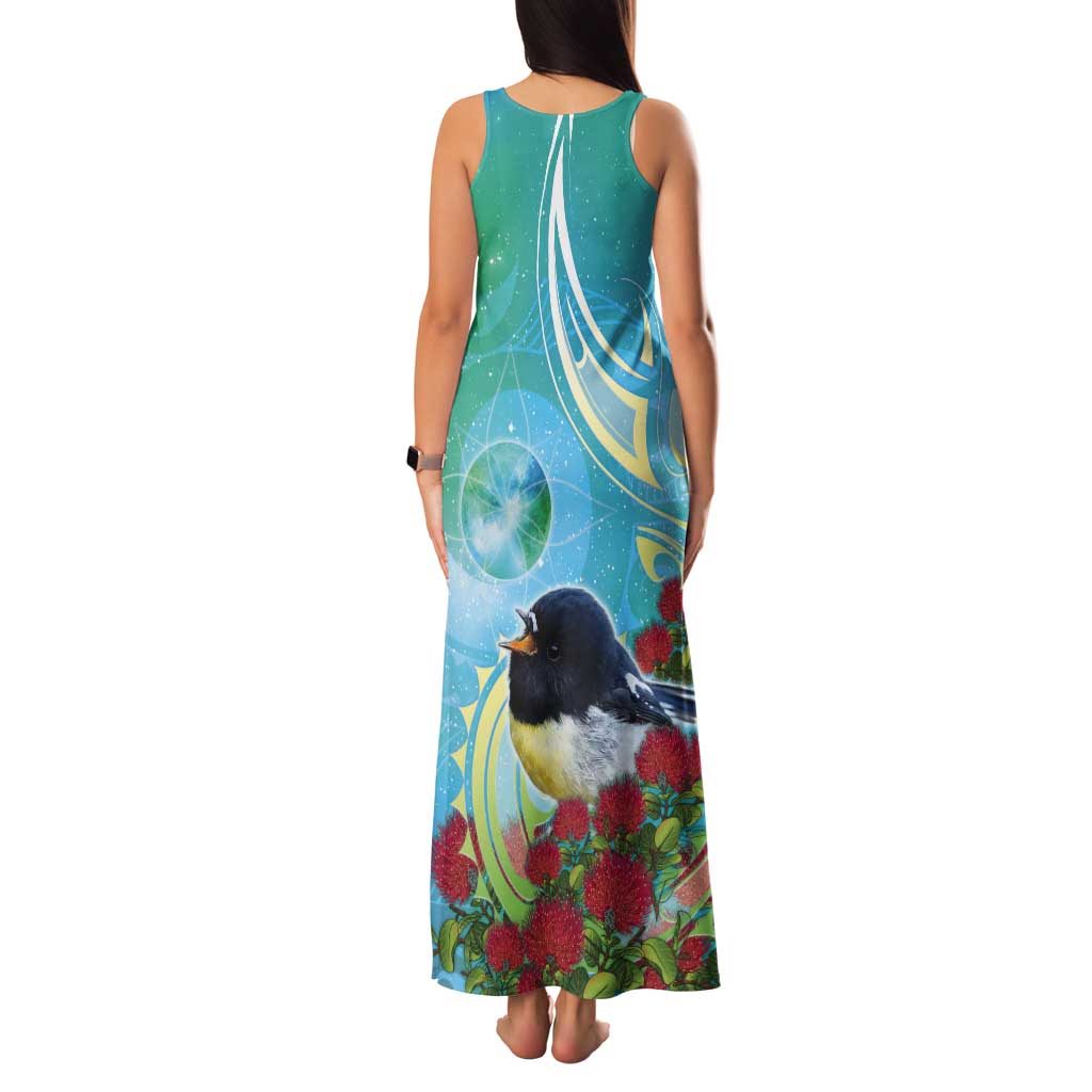 New Zealand Tomtit Tank Maxi Dress Maori Koru With Pohutukawa Galaxy Style LT05 - Polynesian Pride