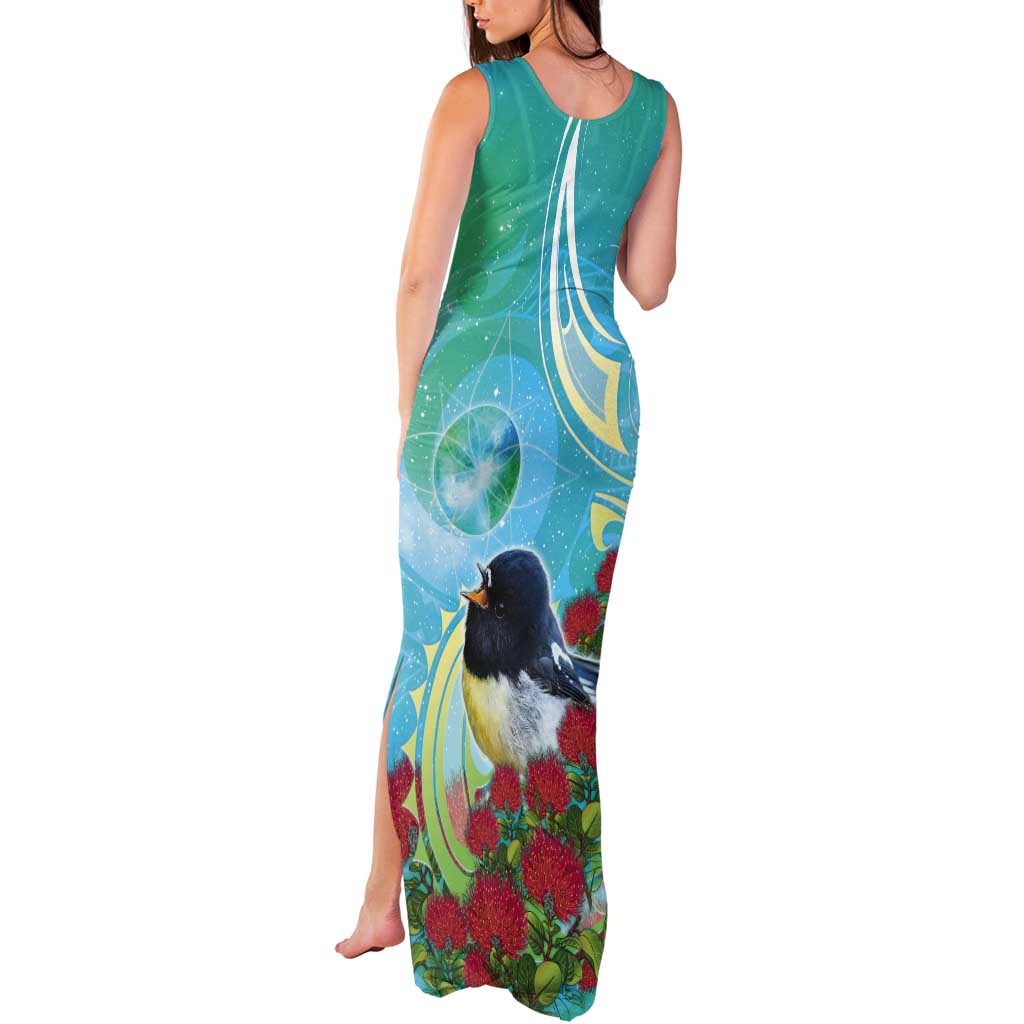 New Zealand Tomtit Tank Maxi Dress Maori Koru With Pohutukawa Galaxy Style LT05 - Polynesian Pride